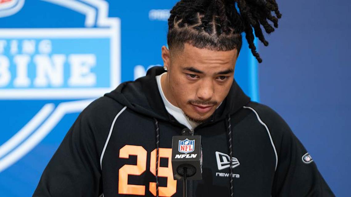  Feb 27, 2026; Indianapolis, IN, USA; Southern California wideout Makai Lemon (WO29) speaks to members of the media during the NFL Combine at the Indiana Convention Center. Mandatory Credit: Jacob Musselman-Imagn Images | Jacob Musselman-Imagn Images 