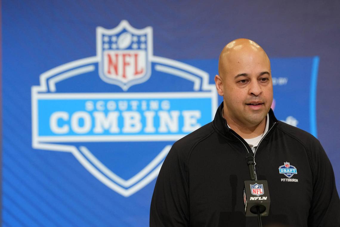  Feb 24, 2026; Indianapolis, IN, USA; Pittsburgh Steelers general manager Omar Khan speaks at the NFL Scouting Combine at the Indiana Convention Center. Mandatory Credit: Kirby Lee-Imagn Images 