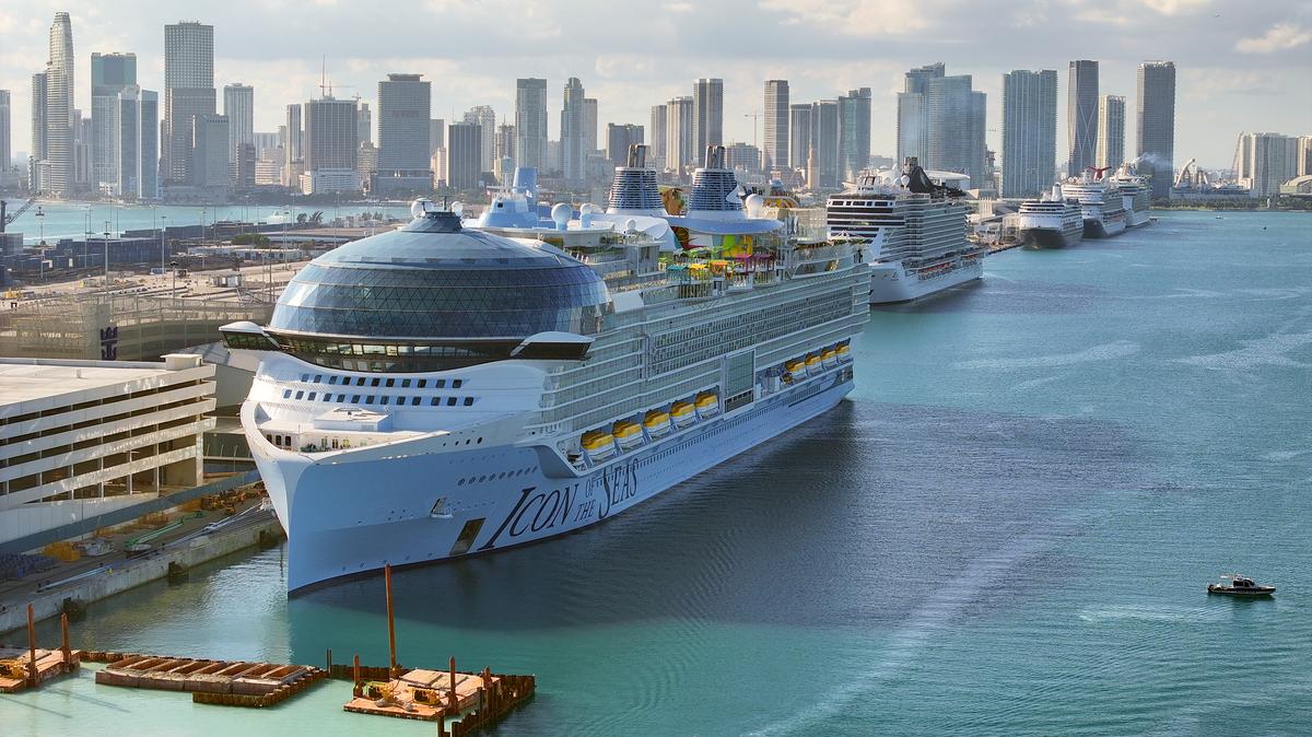 Royal Caribbean's Icon of the Seas, billed as the world's largest cruise ship, is moored at PortMiami after returning from its maiden voyage on Feb. 03, 2024, in Miami, Florida. The 1,197-foot long ship cost $1.79 billion to build, has 20 decks, and can hold a maximum of 7,600 people. (Joe Raedle/Getty Images/TNS)