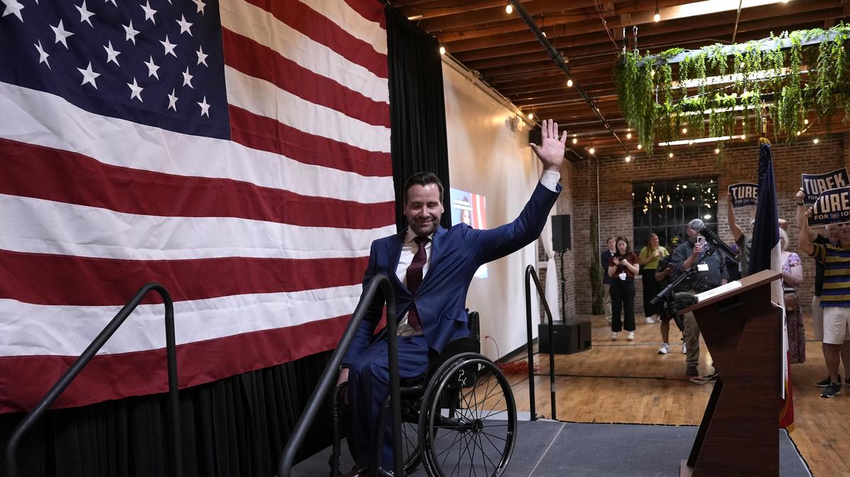 Iowa Democratic U.S. Senate candidate Josh Turek reacts to supporters during a primary night rally at The Loft on Tuesday, June 2, 2026, in Des Moines, Iowa. (Charlie Neibergall/Getty Images/TNS)