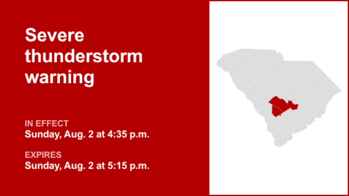 UPDATE: The current severe thunderstorm warning for Orangeburg County will expire at 5:15 p.m. 
