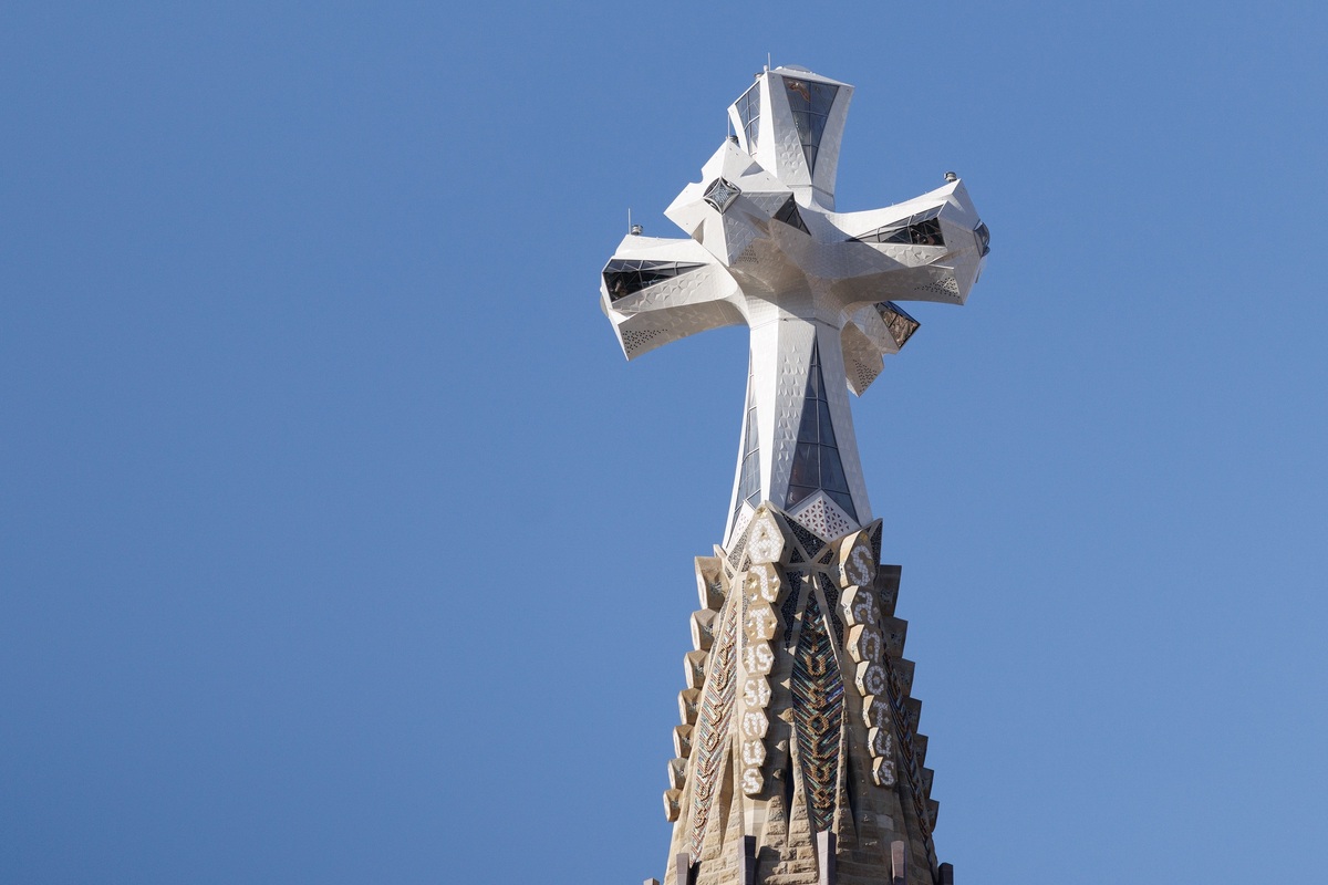  A close-up view of the Tower of Jesus Christ spire of the Sagrada Familia in Barcelona, Spain, pictured on June 8, 2026. 