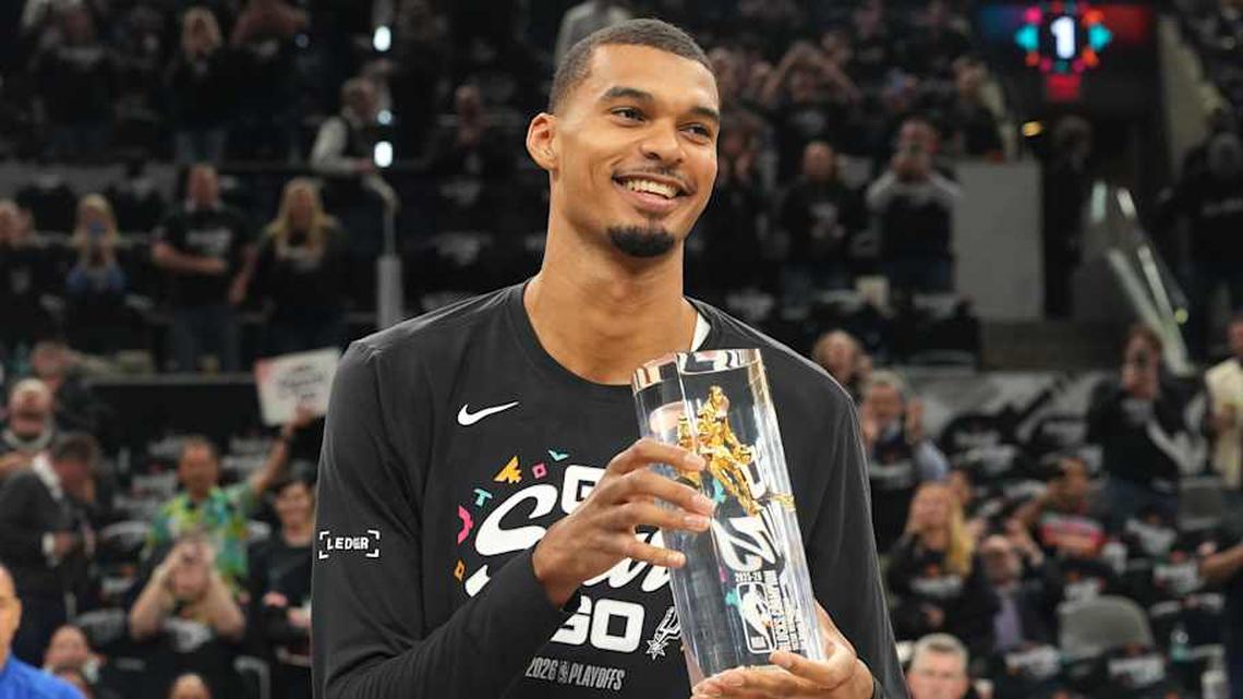  Victor Wembanyama was awarded Defensive Player of the Year before Game 2 between the Spurs and Trail Blazers, during which he suffered a concussion. | Scott Wachter-Imagn Images 