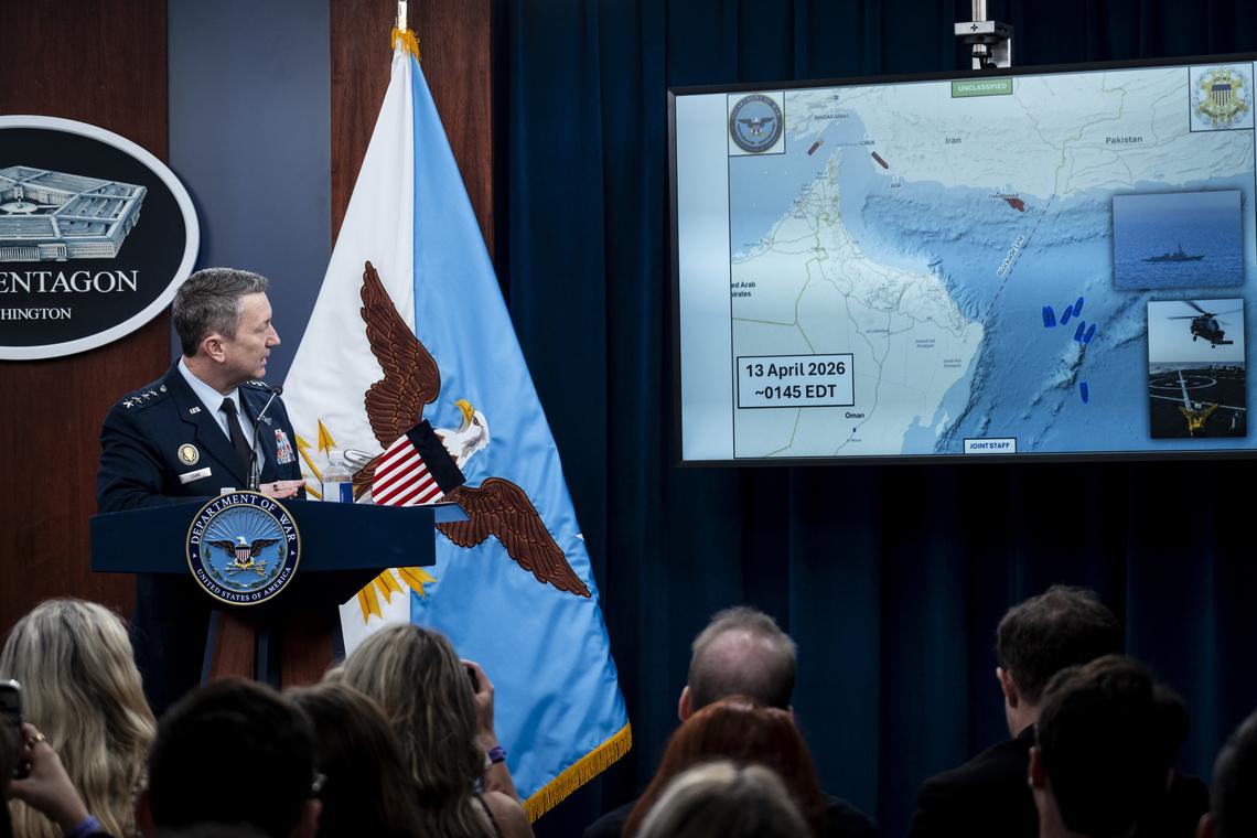 Chairman of the Joint Chiefs of Staff, Gen. Dan Caine, provides updates on the war in Iran at the Pentagon in Arlington, Va., Thursday, April 16, 2026. (Pete Marovich/The New York Times)