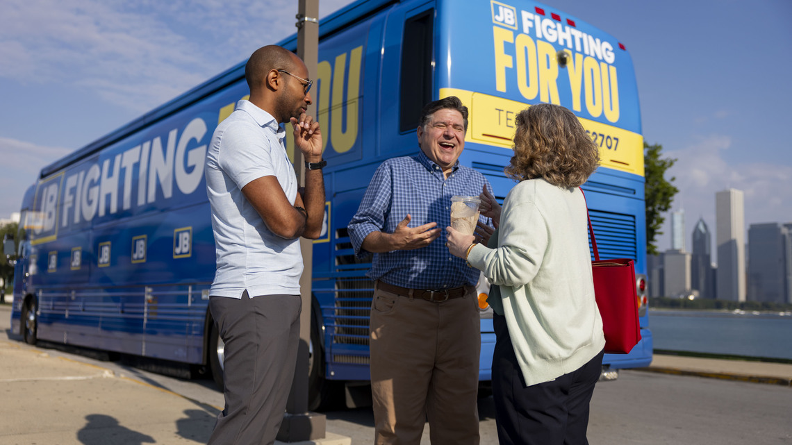 Gov. JB Pritzker pounces on President Donald Trump in campaign bus tour kickoff 