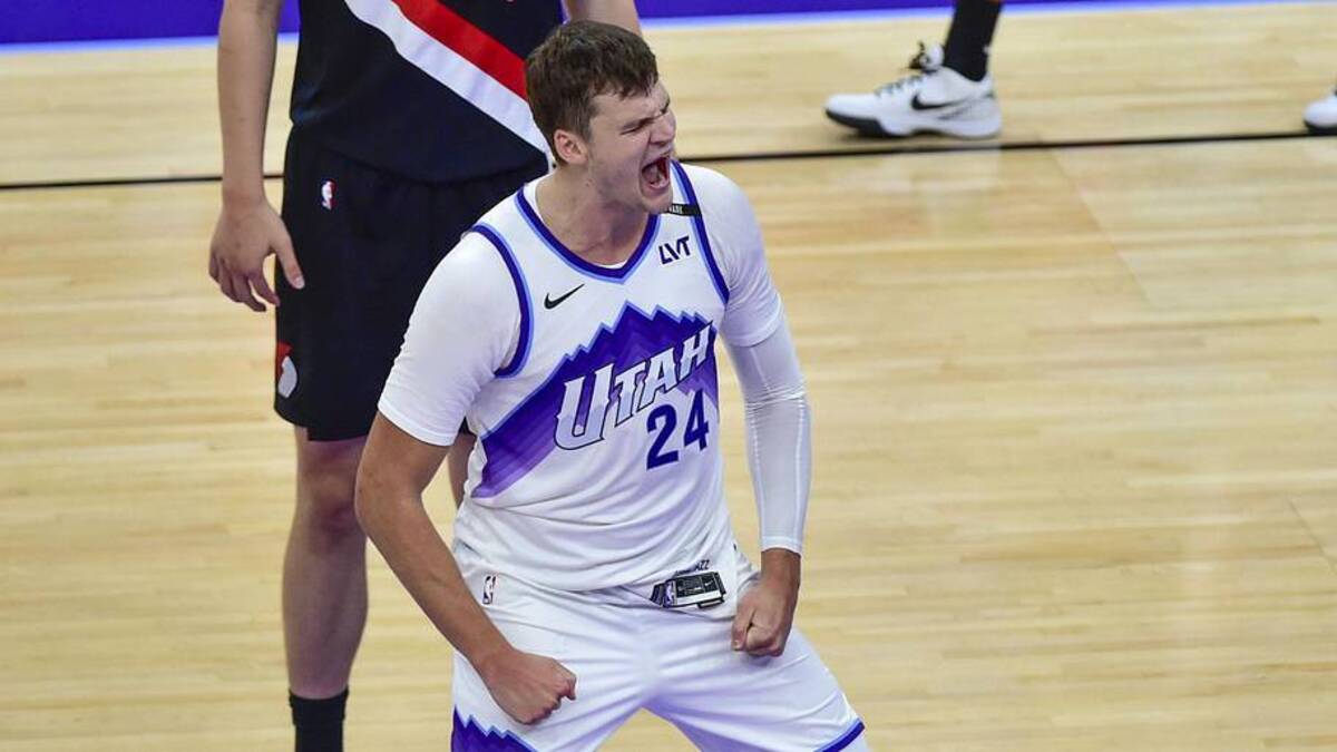  Oct 16, 2025; Salt Lake City, Utah, USA; Utah Jazz center Walker Kessler (24) celebrates after his slam dunk during the second half against the Portland Trail Blazers at Delta Center. Mandatory Credit: Peter Creveling-Imagn Images | Peter Creveling-Imagn Images 