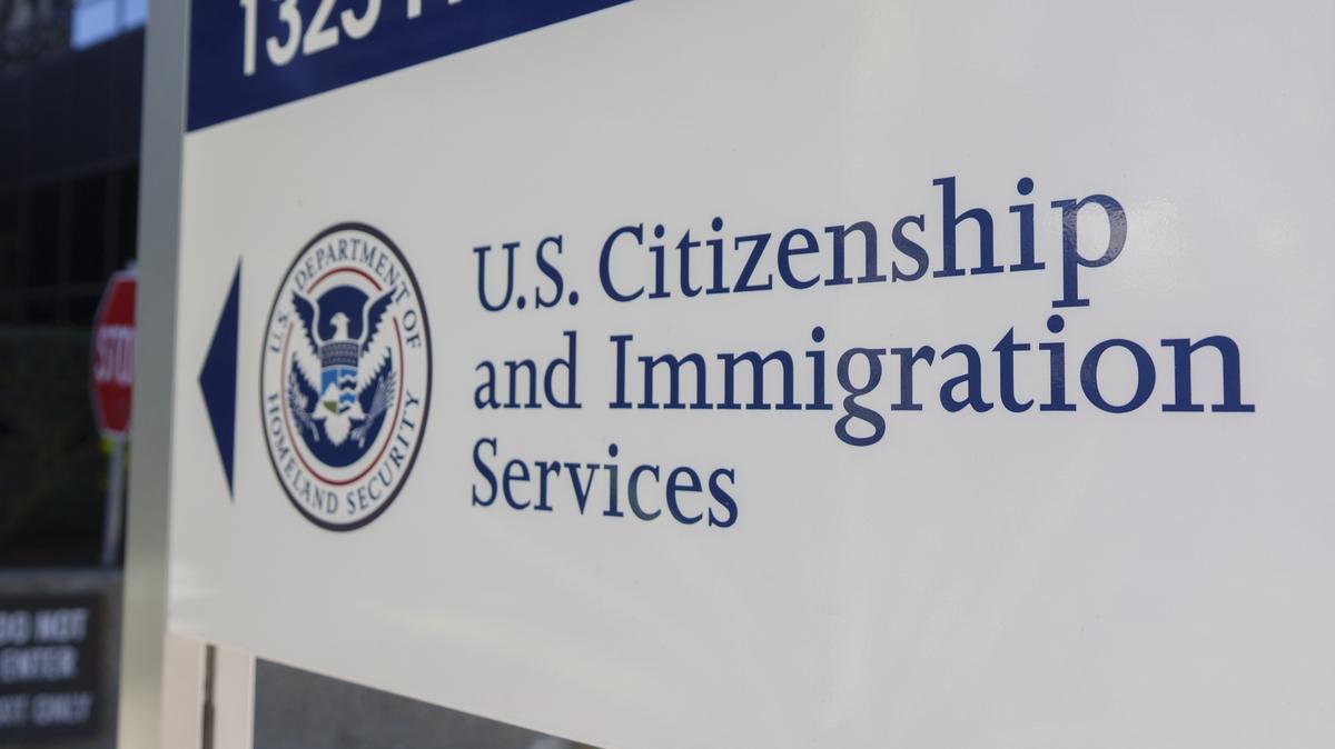 U.S. Citizenship and Immigration Services Office In San Diego. The U.S. Department Of Homeland Security logo is displayed on a sign at a Citizenship and Immigration Services office on January 16, 2026 in San Diego, CA. 