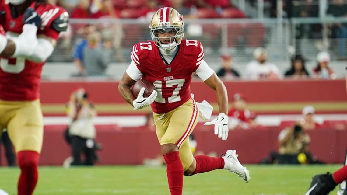  Aug 9, 2025; Santa Clara, California, USA; San Francisco 49ers wide receiver Jordan Watkins (17) makes a catch against the Denver Broncos in the third quarter at Levi's Stadium. Mandatory Credit: David Gonzales-Imagn Images | David Gonzales-Imagn Images 