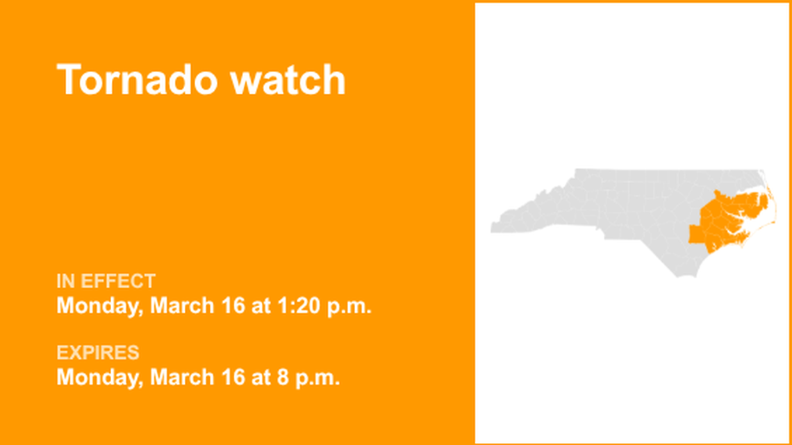 UPDATE: Tornado watch in place for Eastern North Carolina Monday evening 