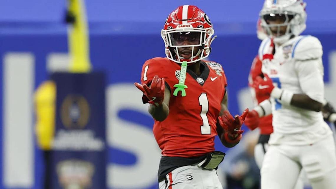  Jan 1, 2026; New Orleans, LA, USA; Georgia Bulldogs wide receiver Zachariah Branch (1) gestures after a first down against the Mississippi Rebels during the 2026 Sugar Bowl and quarterfinal game of the College Football Playoff at Caesars Superdome. Mandatory Credit: Geoff Burke-Imagn Images | Geoff Burke-Imagn Images 