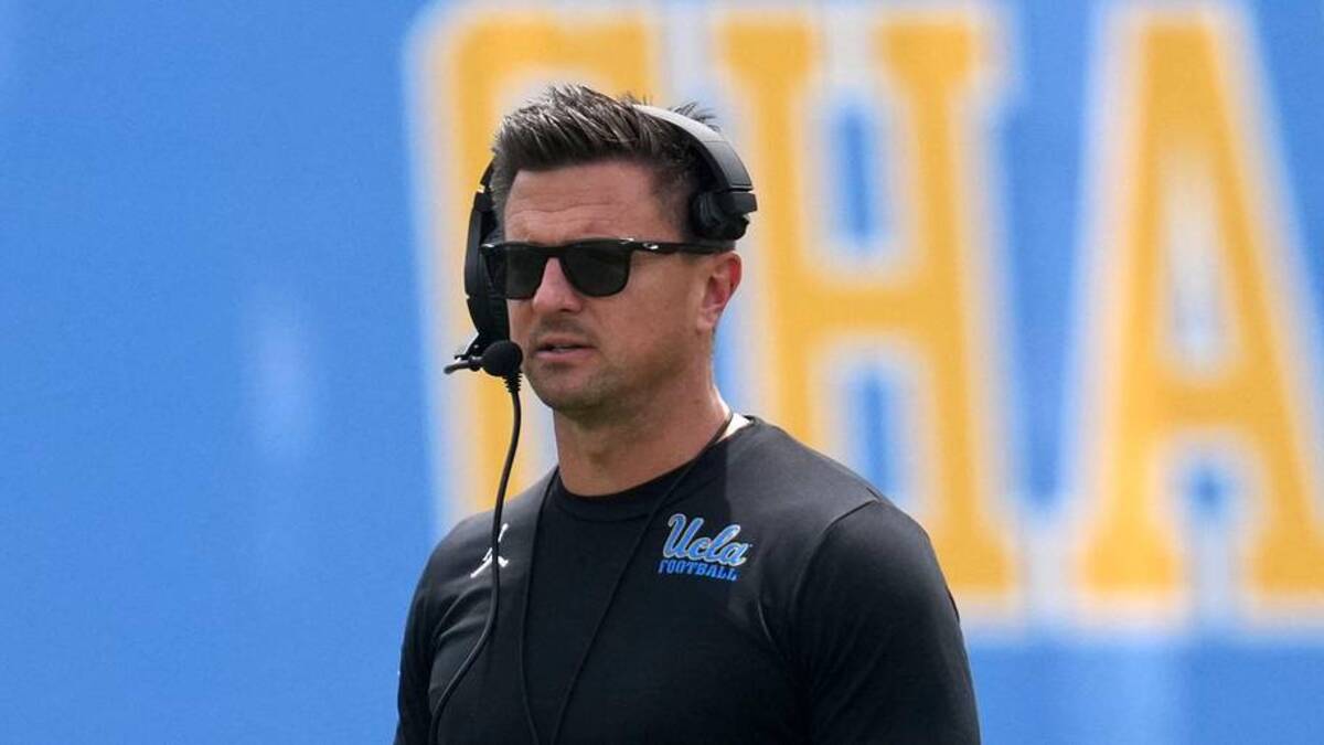  May 2, 2026; Pasadena, CA, USA; UCLA Bruins coach Bob Chesney reacts during the spring game at Rose Bowl. Mandatory Credit: Kirby Lee-Imagn Images | Kirby Lee-Imagn Images 