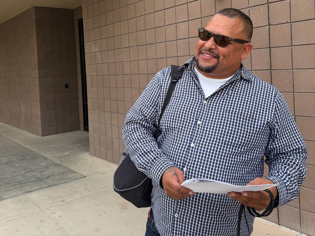  George Prieto, 48, outside a classroom at Imperial Valley College on March 30, 2026. Prieto is enrolled in the college's plant operator certificate program. Credit: Erin Rode for The Hechinger Report