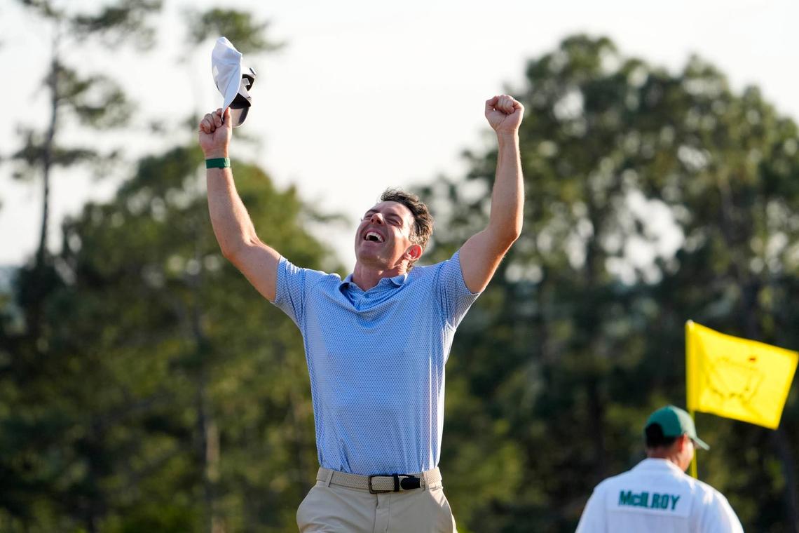  Apr 12, 2026; Augusta, Georgia, USA; Rory McIlroy celebrates after winning the Masters Tournament at Augusta National Golf Club. Mandatory Credit: Katie Goodale-Imagn Images 