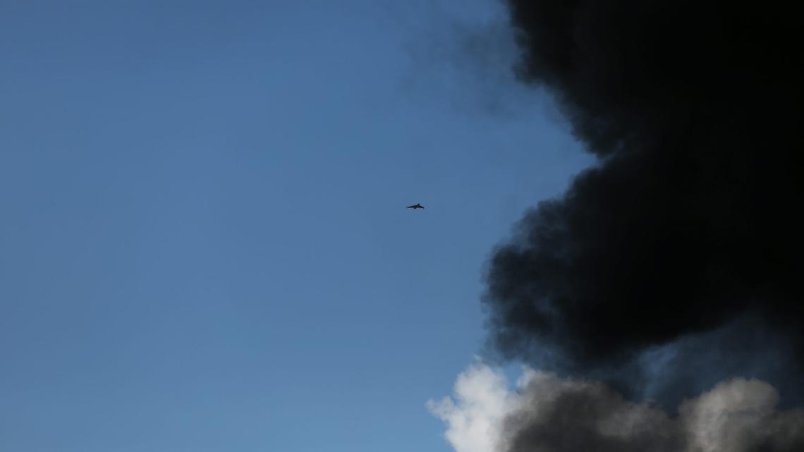 A drone is seen during a suspected drone strike targeting an oil warehouse near Erbil, the capital of Iraq's Kurdistan Region, on April 1, 2026. 