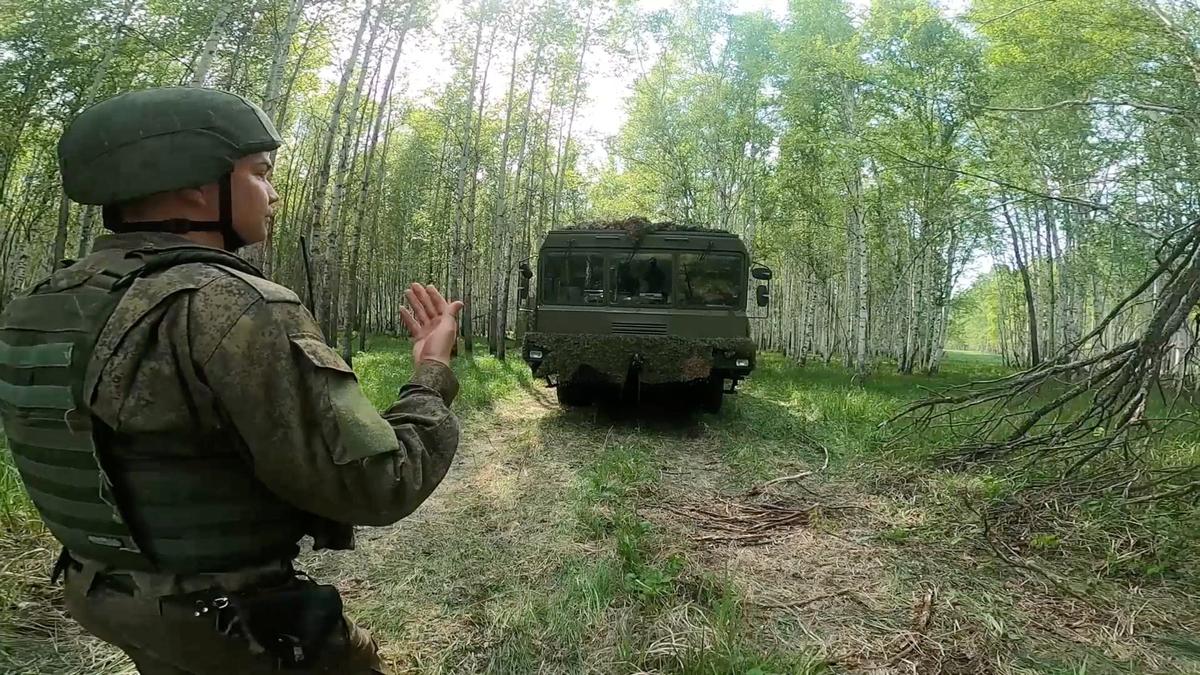 A Russian Iskander-M missile launcher drives during a nuclear forces exercise at an unidentified location in Russia, in this still image taken from handout footage released on May 20, 2026.  Russian Defence Ministry/Handout via REUTERS
