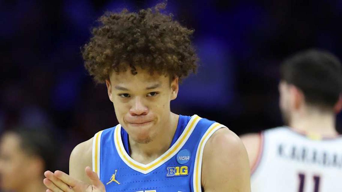  Mar 22, 2026; Philadelphia, PA, USA; UCLA Bruins guard Trent Perry (0) reacts against the UConn Huskies in the first half during a second round game of the men's 2026 NCAA Tournament at Xfinity Mobile Arena. Mandatory Credit: Bill Streicher-Imagn Images | Bill Streicher-Imagn Images 