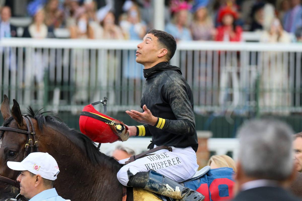  Jose Ortiz on Golden Tempo during the 152nd Kentucky Derby at Churchill Downs. 