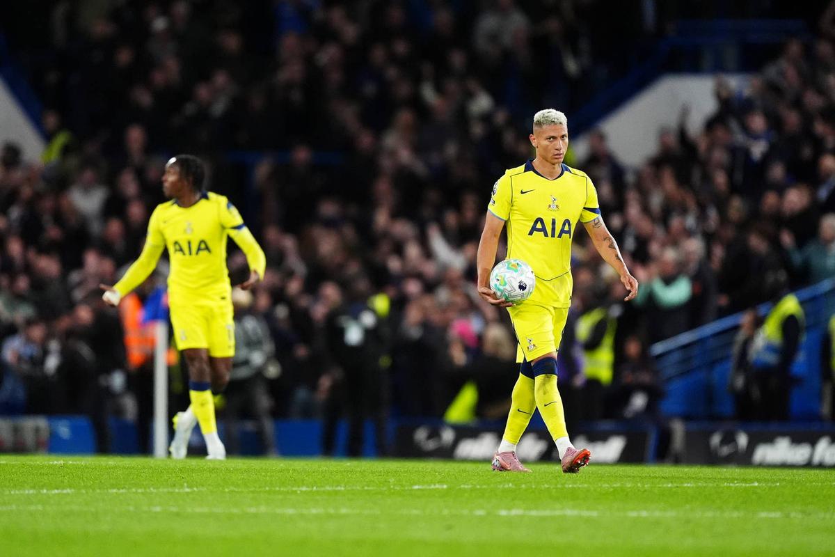  Tottenham Hotspur's Richarlison (right) stands dejected after Chelsea's Andrey Santos scores their side's second goal during the Premier League match at the Stamford Bridge, London. Picture date: Tuesday May 19, 2026. (Photo by Mike Egerton/PA Images via Getty Images) Photo by Mike Egerton/PA Images via Getty Images