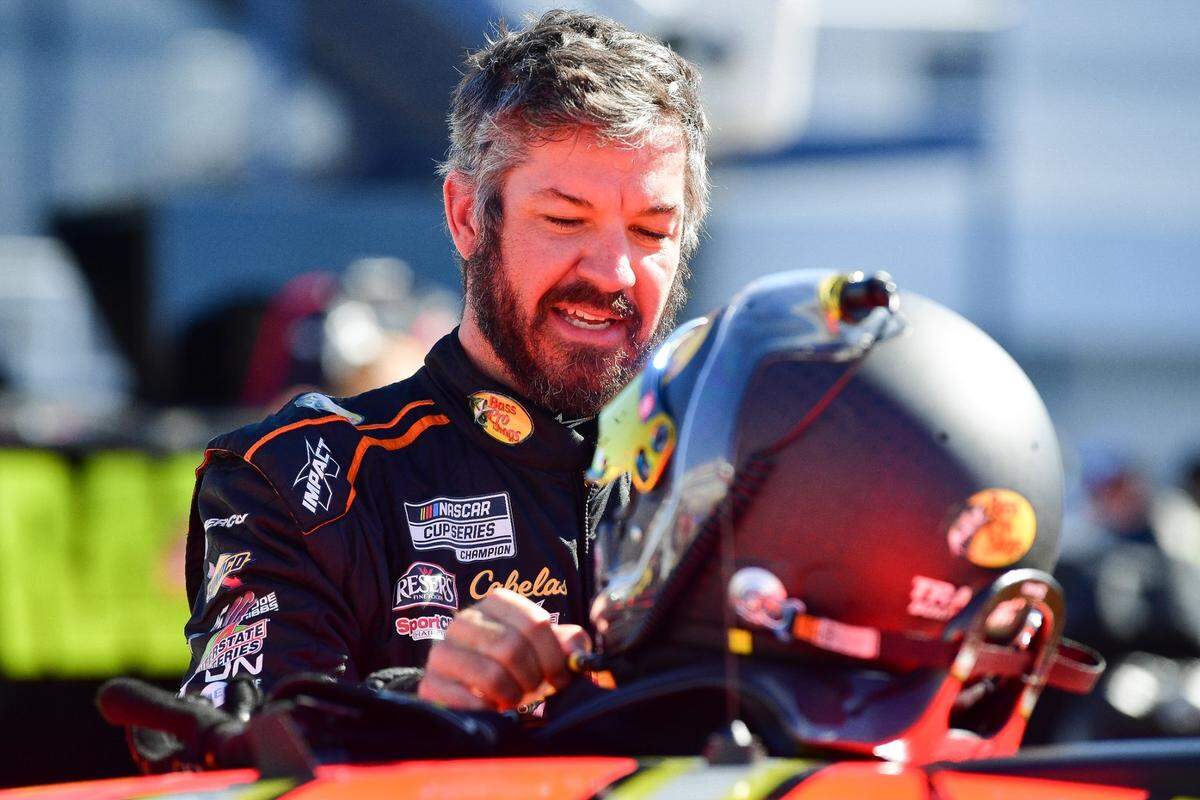 Oct 14, 2023; Las Vegas, Nevada, USA; NASCAR Cup Series driver Martin Truex Jr. (19) during qualifying for the South Point 400 at Las Vegas Motor Speedway. Mandatory Credit: Gary A. Vasquez-USA TODAY Sports