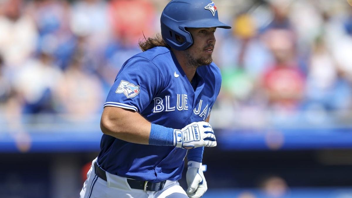 
                 Mar 8, 2026; Dunedin, Florida, USA; Toronto Blue Jays third baseman Addison Barger (47) hits a two-rbi single against the Detroit Tigers in the third inning during spring training at TD Ballpark. Mandatory Credit: Nathan Ray Seebeck-Imagn Images 
              