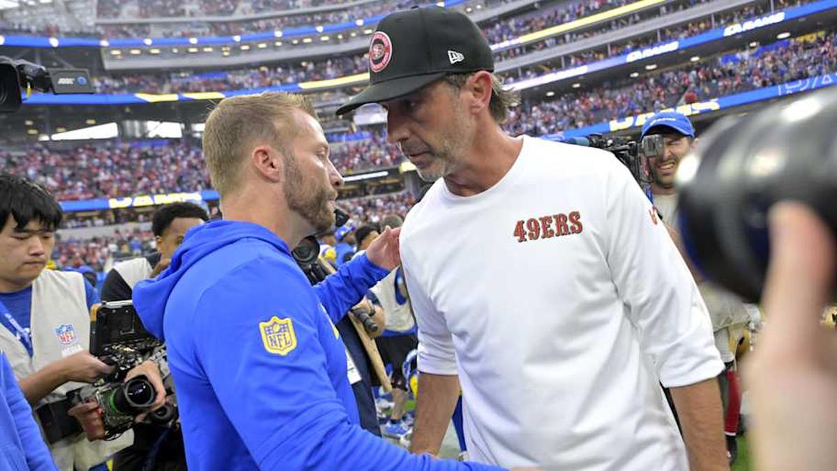  Sep 22, 2024; Inglewood, California, USA; Los Angeles Rams head coach Sean McVay and San Francisco 49ers head coach Kyle Shanahan meet on the field following the game at SoFi Stadium. Mandatory Credit: Jayne Kamin-Oncea-Imagn Images | Jayne Kamin-Oncea-Imagn Images 