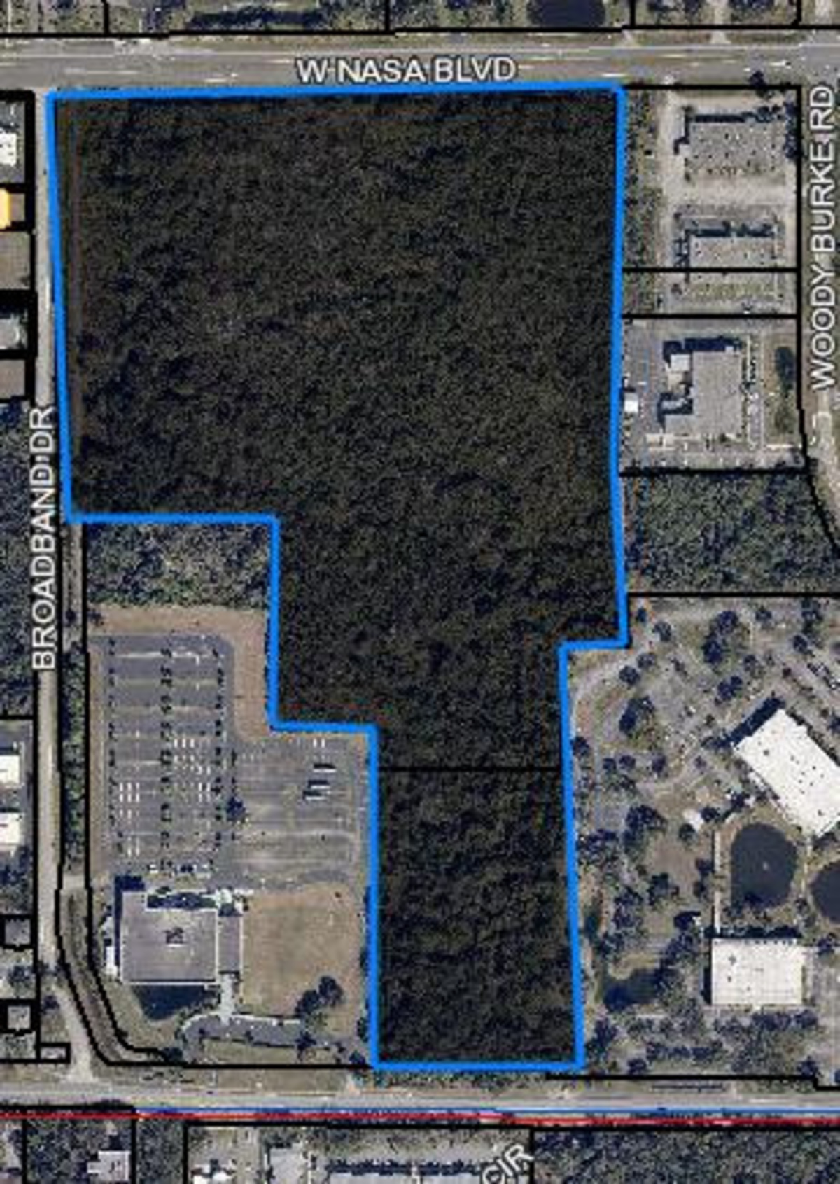 This map provided by the Melbourne Airport Authority shows the wooded parcel where the proposed soccer stadium would be built. The red-lined road at the bottom of the map is Hibiscus Boulevard.