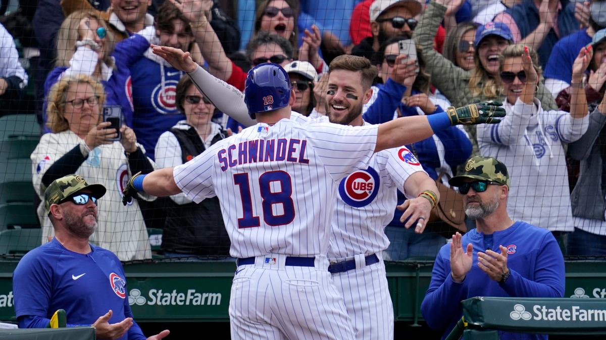 Chicago Cubs’ Frank Schwindel (18) celebrates with Patrick Wisdom after hitting a solo home run during the eighth inning of a baseball game against the Arizona Diamondbacks in Chicago, Sunday, May 22, 2022. The Cubs won 5-4. (AP Photo/Nam Y. Huh)