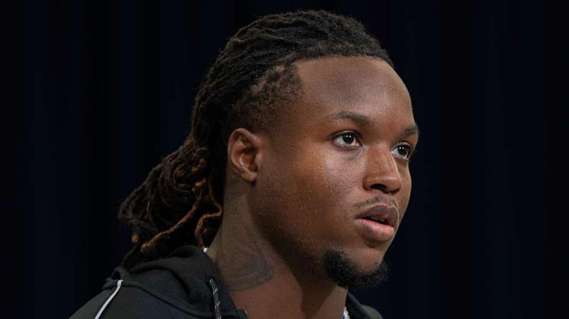  Feb 27, 2026; Indianapolis, IN, USA; Indiana running back Roman Hemby (RB08) speaks to members of the media during the NFL Combine at the Indiana Convention Center. Mandatory Credit: Jacob Musselman-Imagn Images | Jacob Musselman-Imagn Images 