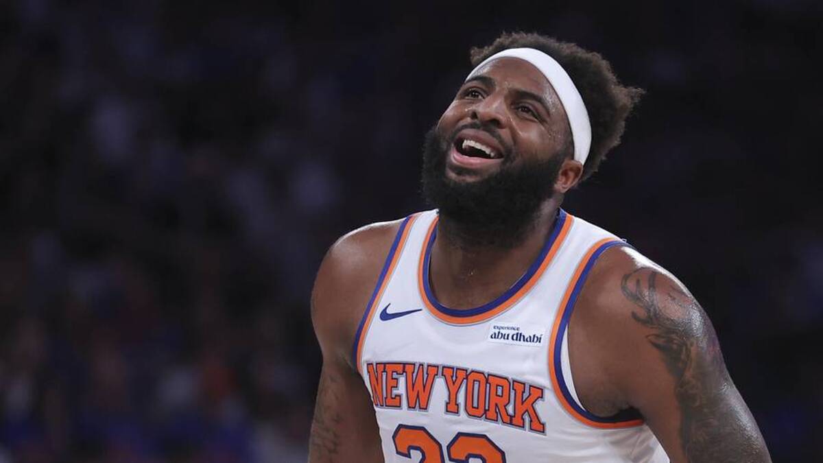  May 19, 2026; New York, New York, USA; New York Knicks center Mitchell Robinson (23) reacts to missing a free throw against the Cleveland Cavaliers during the third quarter of game one of the Eastern Conference Finals during the 2026 NBA playoffs at Madison Square Garden. Mandatory Credit: Brad Penner-Imagn Images | Brad Penner-Imagn Images 