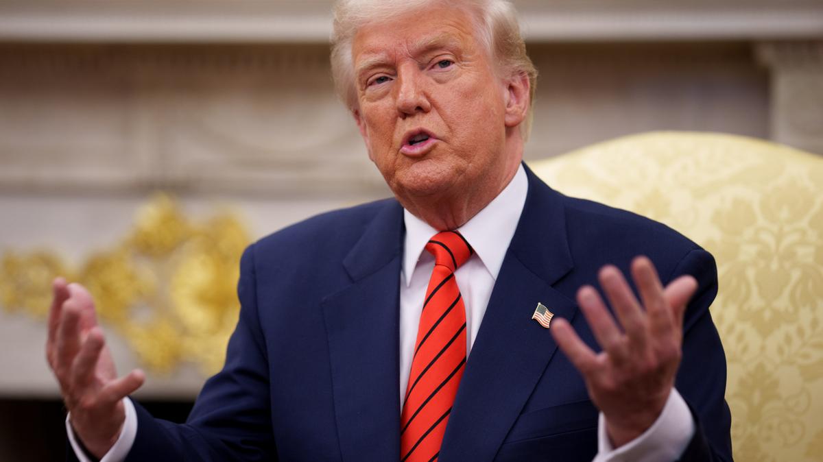 President Donald Trump speaks during an Oval Office meeting on March 13, 2025 in Washington, D.C.