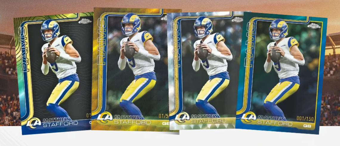  Matthew Stafford 2025 Topps Chrome Football refractor parallels define tiered redemption values across structured buyback program levels. Credit: Topps