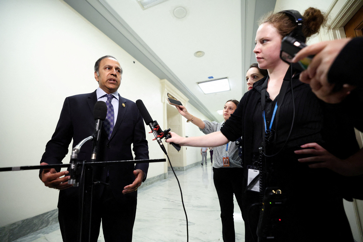 U.S. Representative Raja Krishnamoorthi (D-IL) speaks to the media outside the room where a closed door interview of Bill Gates before the House Oversight Committee, investigating late financier and sex offender Jeffrey Epstein, takes place, on Capitol Hill in Washington, D.C., U.S., June 10, 2026. REUTERS/Kevin Lamarque
