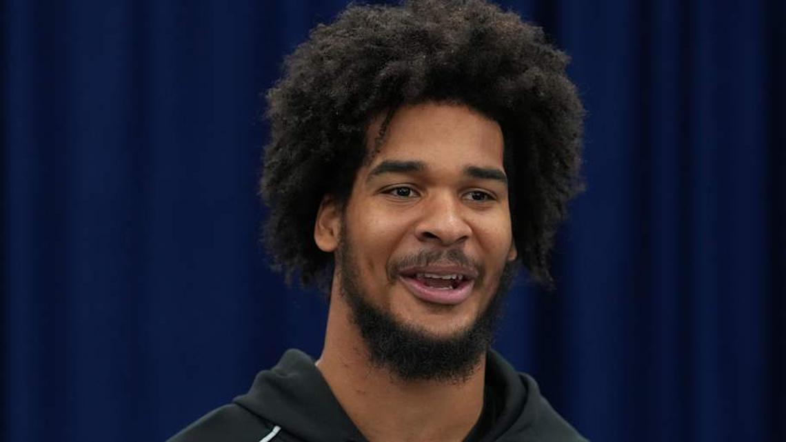  Feb 25, 2026; Indianapolis, IN, USA; Southern California linebacker Eric Gentry (LB09) speaks during the NFL Scouting Combine at the Indiana Convention Center. Mandatory Credit: Kirby Lee-Imagn Images | Kirby Lee-Imagn Images 