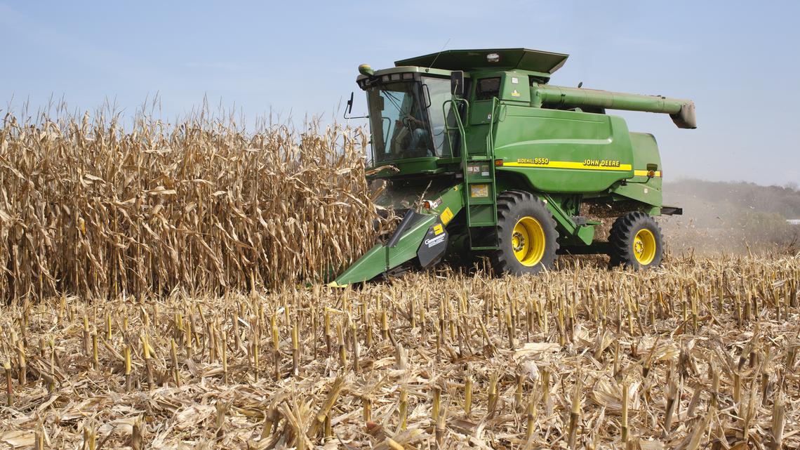 Farmer in a John Deere combine harvesting corn. "West Albany, Minnesota, USA - October 12, 2010: A farmer harvests corn in a John Deere combine. John Deere is a major manufacturer of agricultural machinery."