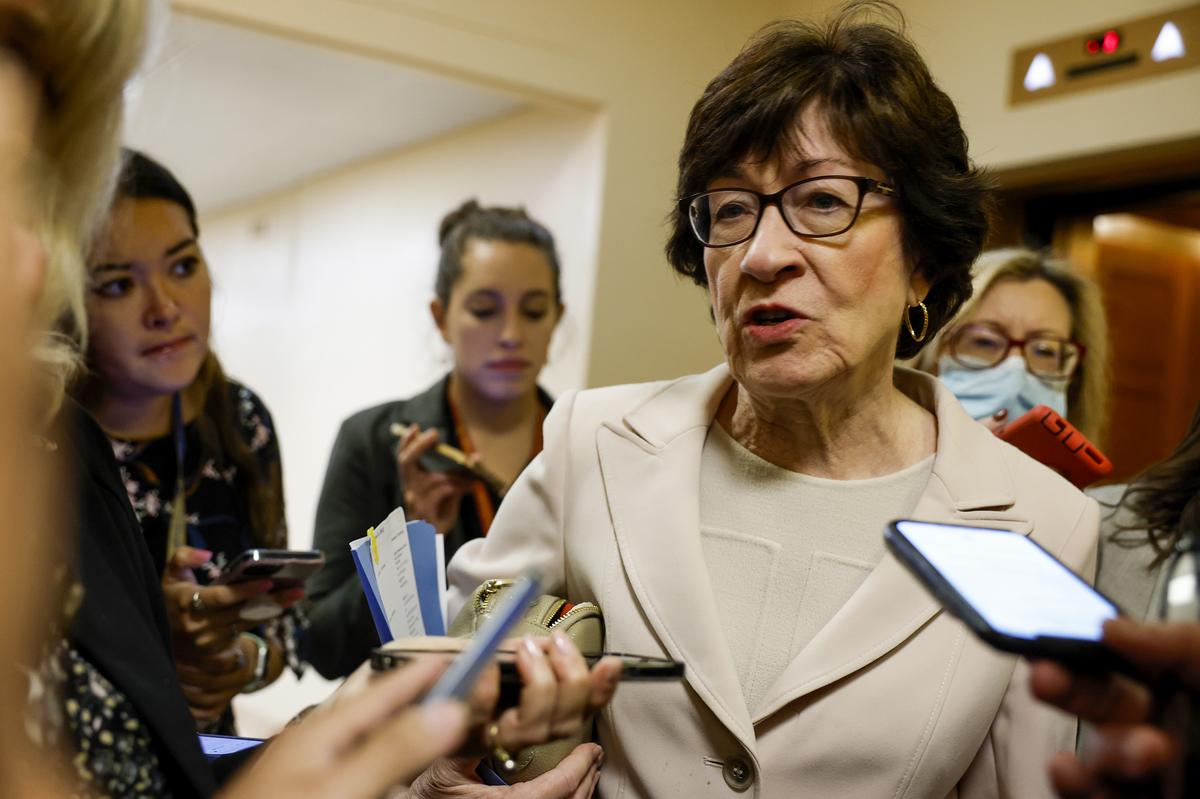  Maine Senator Susan Collins speaks to reporters in Washington on September 8, 2022. 