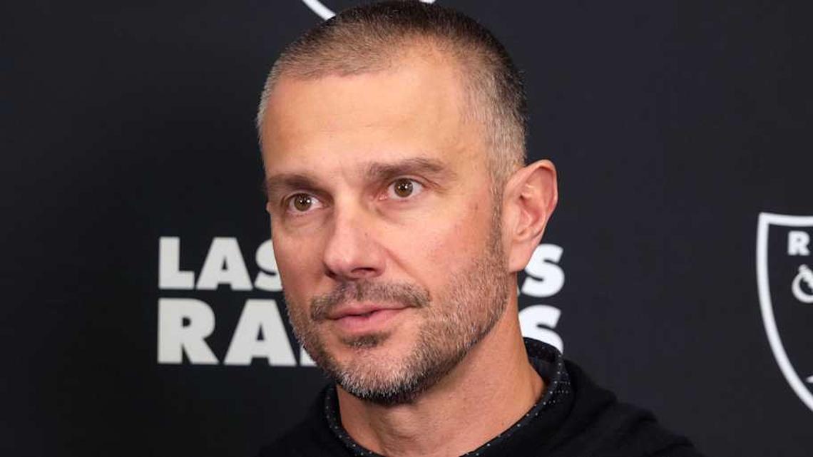  Feb 25, 2025; Indianapolis, IN, USA; Las Vegas Raiders general manager John Spytek on radio row during the NFL Scouting Combine at the Indiana Convention Center. Mandatory Credit: Kirby Lee-Imagn Images | Kirby Lee-Imagn Images 