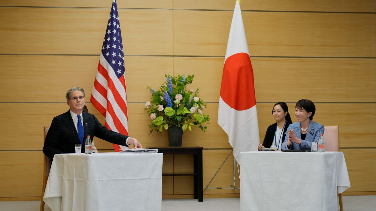 U.S. Treasury Secretary Scott Bessent and Japanese Prime Minister Sanae Takaichi prepare to attend a meeting at the prime minister's office in Tokyo, Japan, May 12, 2026.    Eugene Hoshiko/Pool via REUTERS