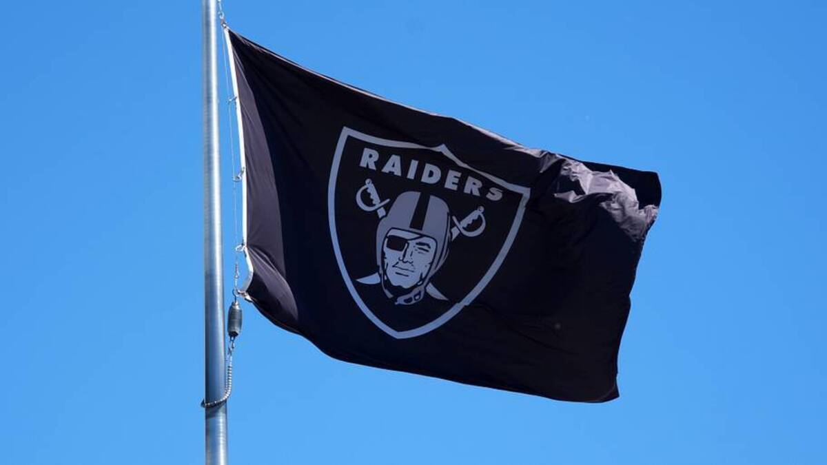  Jul 24, 2025; Henderson, NV, USA; A Las Vegas Raiders shield logo flag at the Intermountain Healthcare Performance Center. Mandatory Credit: Kirby Lee-Imagn Images | Kirby Lee-Imagn Images 