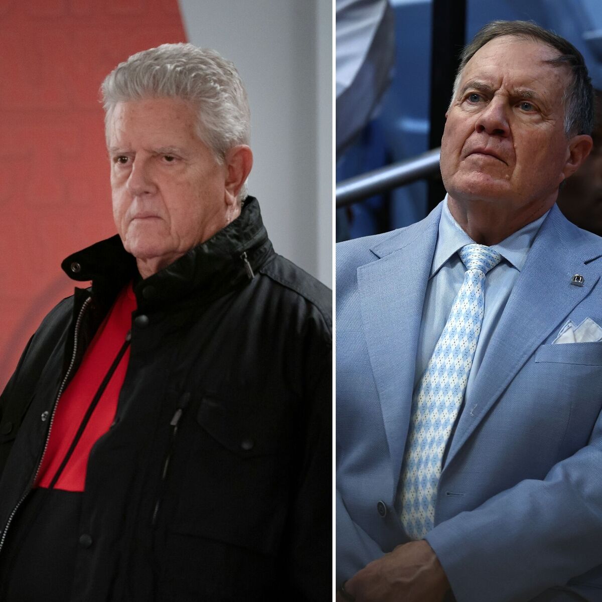 Left: Sam McMurray on CBS’ “Elsbeth,” North Carolina head coach Bill Belichick