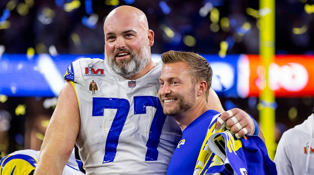  Los Angeles Rams offensive tackle Andrew Whitworth celebrates with head coach Sean McVay after defeating the Cincinnati Bengals during Super Bowl LVI at SoFi Stadium. (Credit: Mark J. Rebilas-USA TODAY Sports)