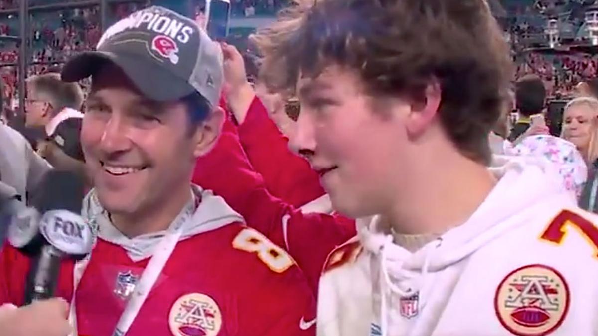 Paul Rudd. Rudd worked his way onto the field after the 2020 Super Bowl to snag a photo of the Kansas City Chiefs holding the trophy.