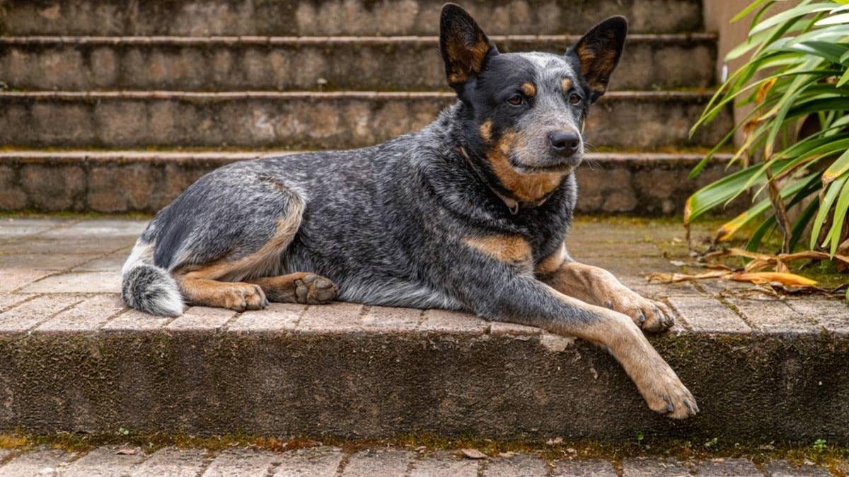 A blue Australian Cattle Dog sits attentively on the stairs, gazing forward with an alert and intelligent expression. 