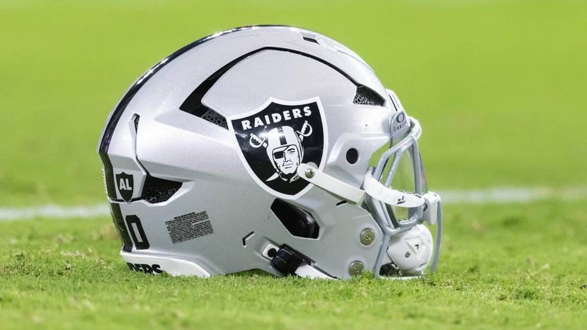  Aug 23, 2025; Glendale, Arizona, USA; Detailed view of a Las Vegas Raiders helmet during a preseason NFL game at State Farm Stadium. Mandatory Credit: Mark J. Rebilas-Imagn Images | Mark J. Rebilas-Imagn Images 
