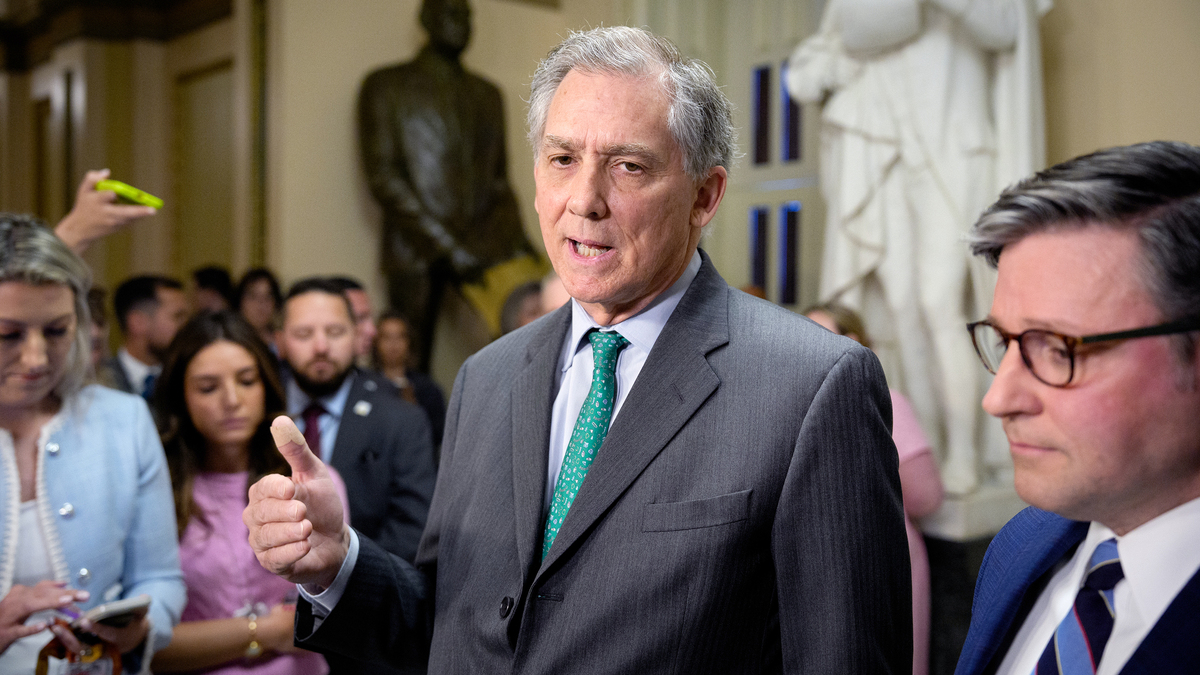 House Financial Services Committee Chairman Rep. French Hill (R-AR) (C), accompanied by Speaker of the House Mike Johnson (R-LA) (R) speaks with members of the media following votes on Capitol Hill on May 15, 2026 in Washington, DC. Johnson discussed housing legislation, the ongoing war with Iran, and House ethics. (Andrew Harnik/Getty Images/TNS)