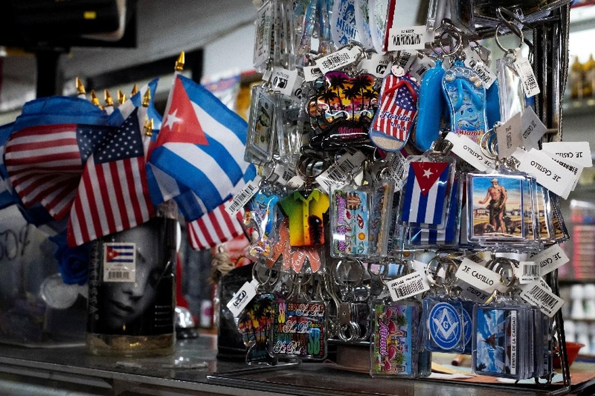 U.S. and Cuban-themed items are displayed at a wholesale store in Hialeah, Florida, U.S., May 15, 2026. REUTERS/Marco Bello