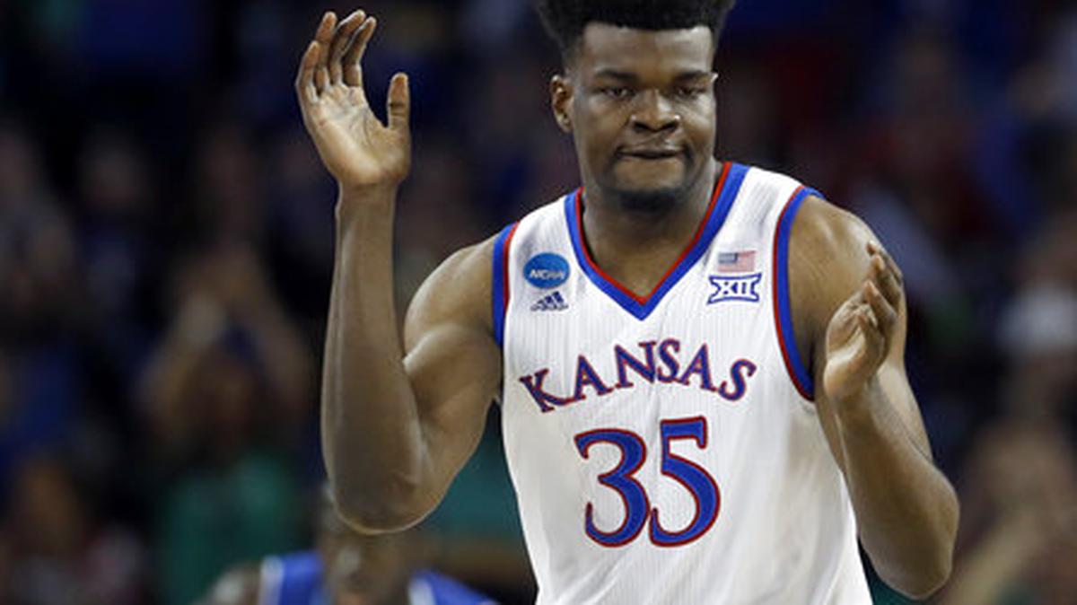 Kansas center Udoka Azubuike (35) celebrates after making a basket during the first half of an NCAA men's college basketball tournament second-round game against Seton Hall Saturday, March 17, 2018, in Wichita, Kan.