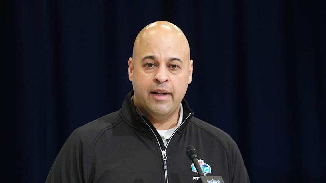  Feb 24, 2026; Indianapolis, IN, USA; Pittsburgh Steelers general manager Omar Khan speaks at the NFL Scouting Combine at the Indiana Convention Center. Mandatory Credit: Kirby Lee-Imagn Images | Kirby Lee-Imagn Images 