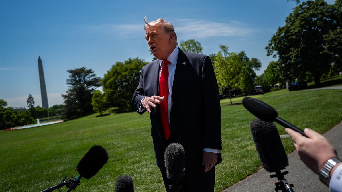 President Donald Trump speaks to reporters outside of the White House in Washington on Friday, May 1, 2026. Trump's vision for his National Garden of American Heroes is growing larger and most likely more expensive than his initial estimates, with the latest plans calling for reflecting pools, dining facilities and an amphitheater alongside 250 life-size statues of notable Americans. (Salwan Georges/The New York Times)