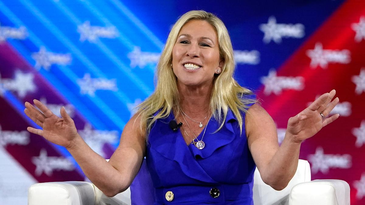 U.S. Rep. Marjorie Taylor Greene, R-Georgia, seen here answering questions at the Conservative Political Action Conference Saturday in Orlando, Florida, also spoke at the America First Political Action Conference, along with Idaho Lt. Gov. Janice McGeachin. The conference included cheers for Russia and chants of “Putin, Putin, Putin.”