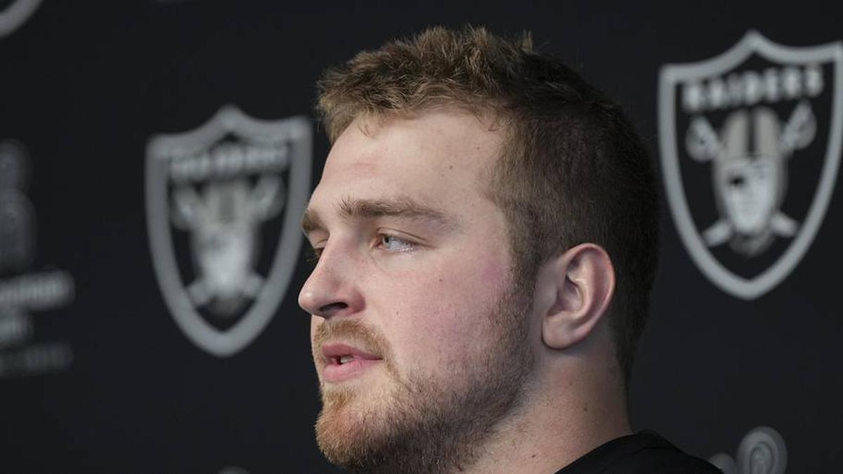  May 2, 2026; Henderson, NV, USA; Las Vegas Raiders guard Trey Zuhn II (66) speaks during a news conference at the team's Rookie Minicamp at Intermountain Health Performance Center. Mandatory Credit: Candice Ward-Imagn Images | Candice Ward-Imagn Images 